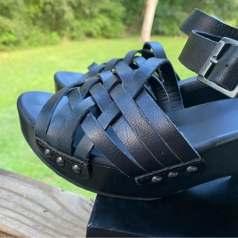 ✅ Korks Wooden Platform Wedge Heels‎ Black Leather Strappy Womens size 10